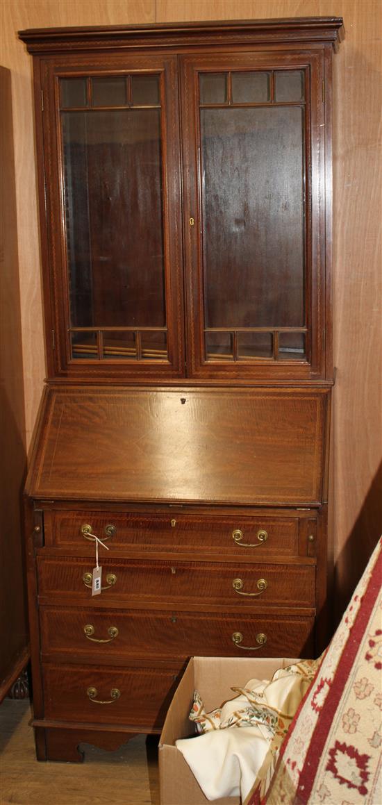An Edwardian mahogany bureau bookcase (top associated), W.78cm